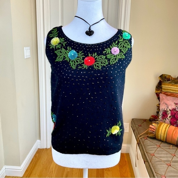 Vintage Sweater Sleeveless Lambswool Angora Beaded and Sequins Floral (38) - Picture 1 of 7